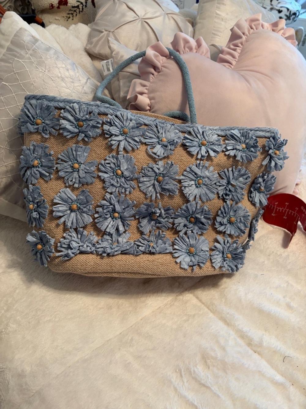 Beige Straw Tote with Blue Floral Appliqué